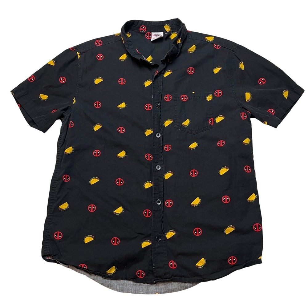 Marvel Button Down Mens Medium Black Deadpool Taco Graphic Shirt Short Sleeve